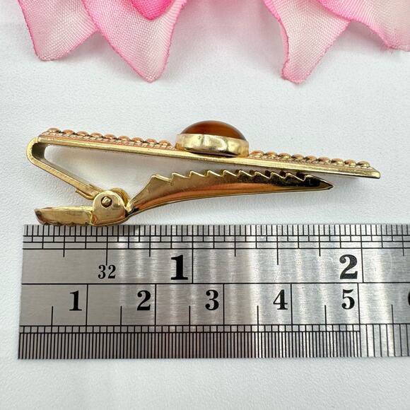 Vintage Anson Brown Cabochon Beaded Textured Gold Tone Tie Clip Bar Signed - Picture 6 of 6